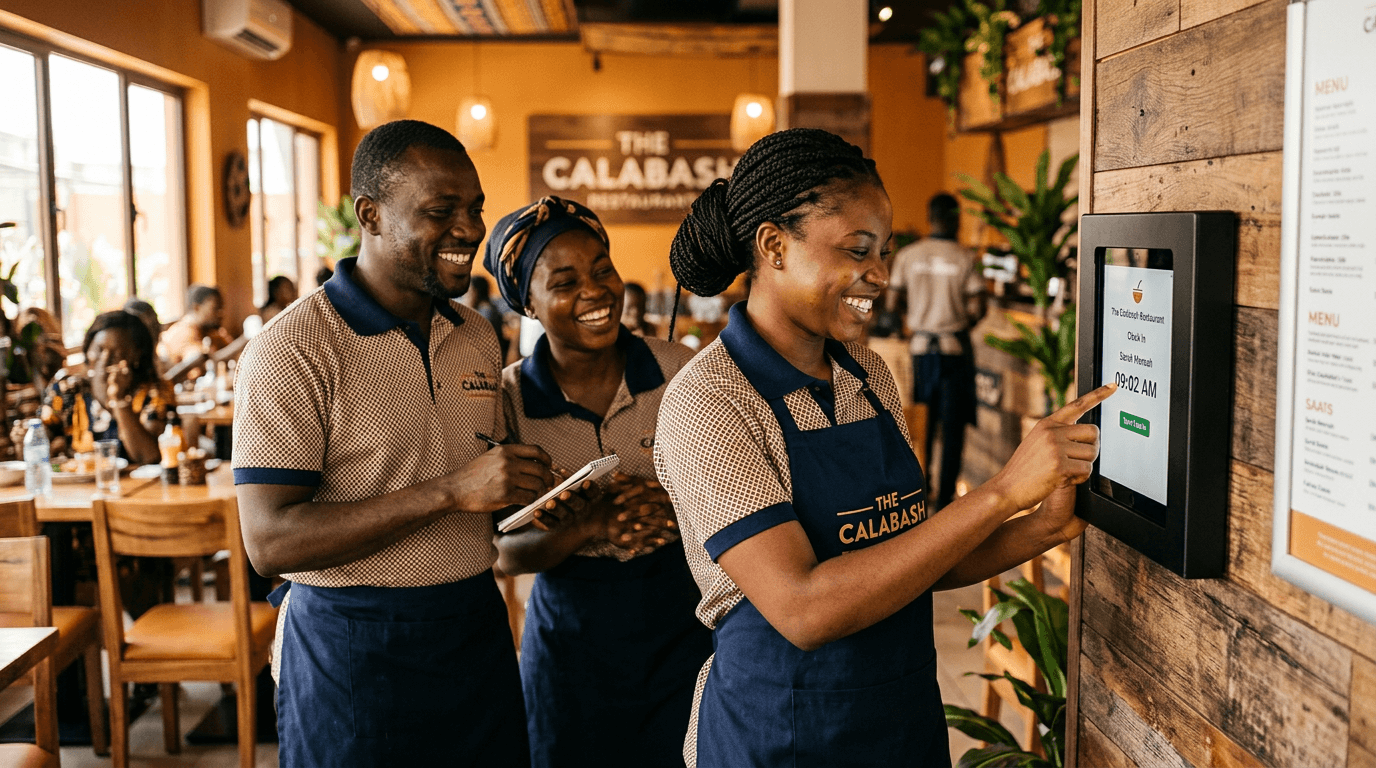 Équipe utilisant le kiosque de pointage
